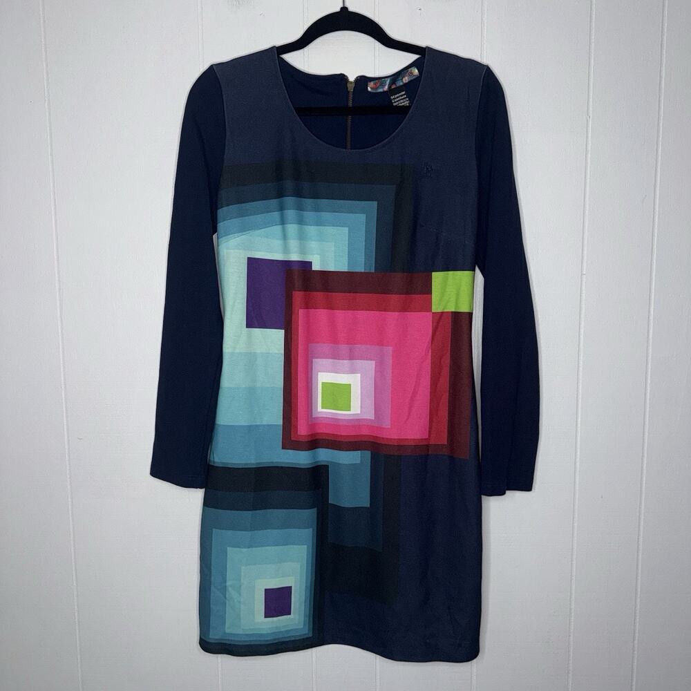 Desigual Women’s Day Dress Geometric Block Print Long Sleeve Navy Blue Size L